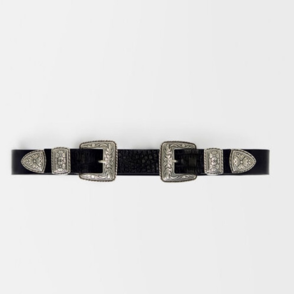 Maje Aderiona Double Buckle Belt - Black and Silver